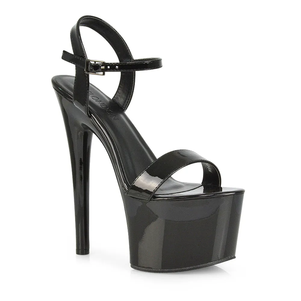 Matilda Statement Strappy Sky High Stiletto Platform Heels in Black Patent