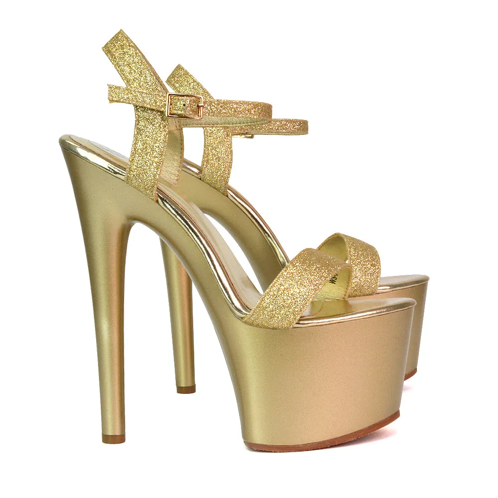 Matilda Statement Strappy Sky High Stiletto Platform Heels in Black Patent