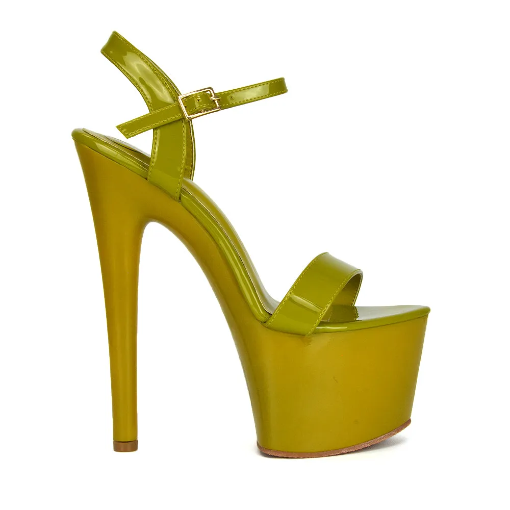 Matilda Statement Strappy Sky High Stiletto Platform Heels in Black Patent