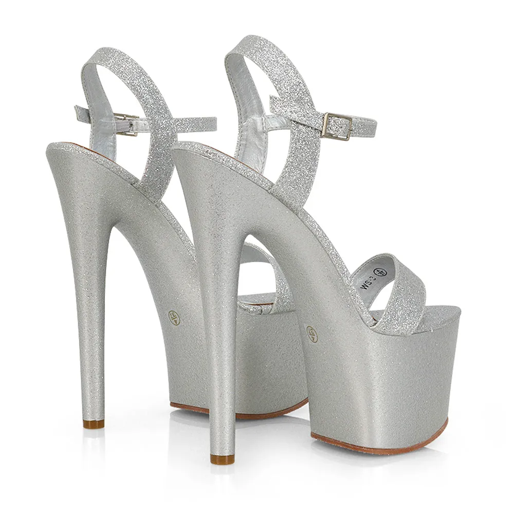 Matilda Statement Strappy Sky High Stiletto Platform Heels in Black Patent