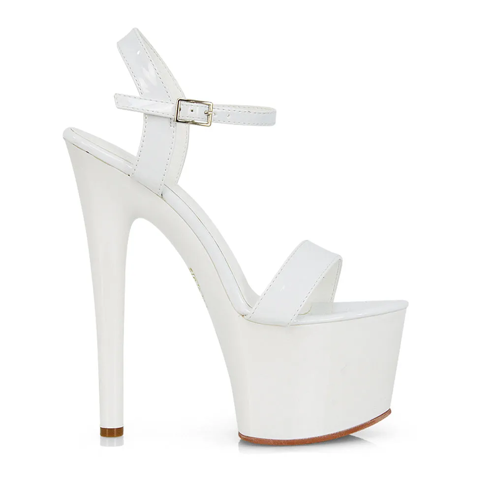 Matilda Statement Strappy Sky High Stiletto Platform Heels in Black Patent