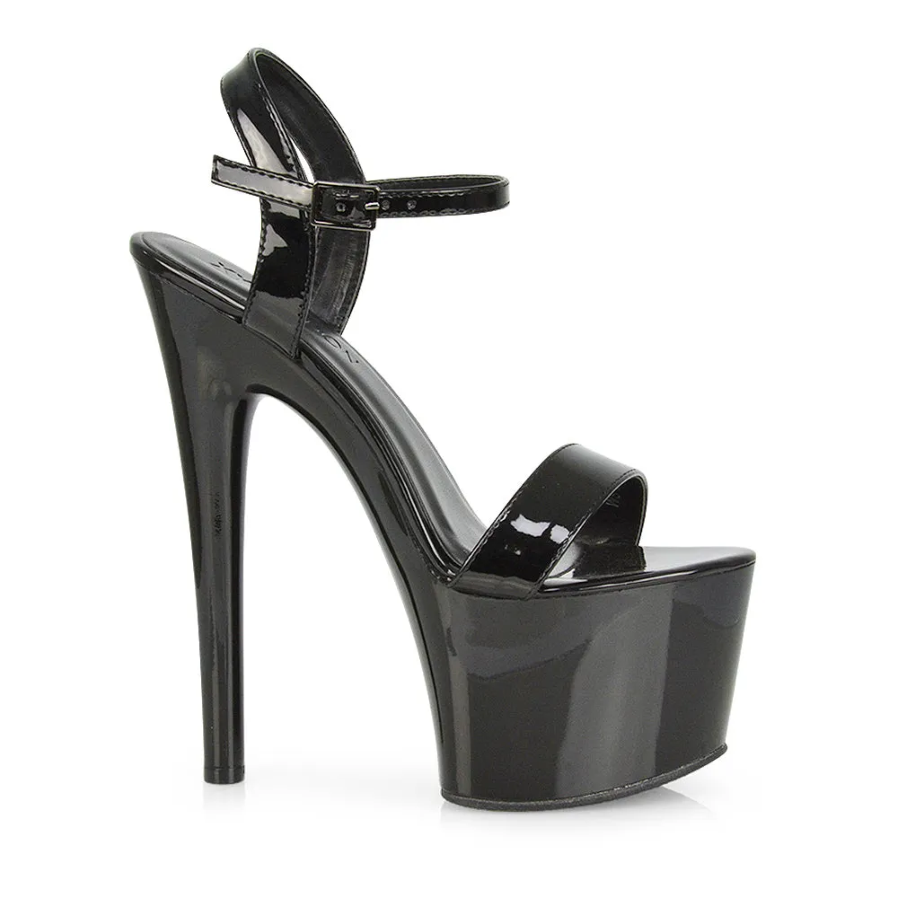 Matilda Statement Strappy Sky High Stiletto Platform Heels in Black Patent