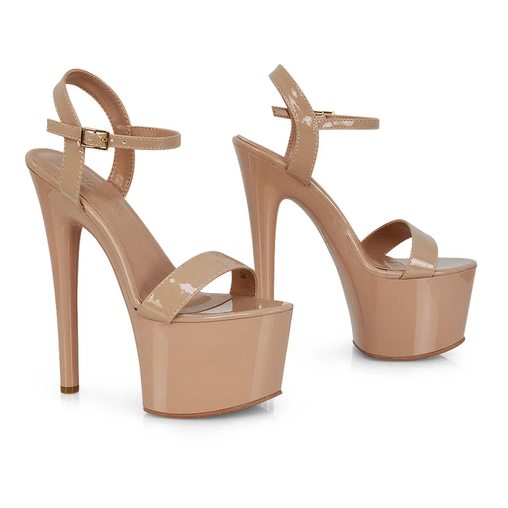 Matilda Statement Strappy Sky High Stiletto Platform Heels in Black Patent