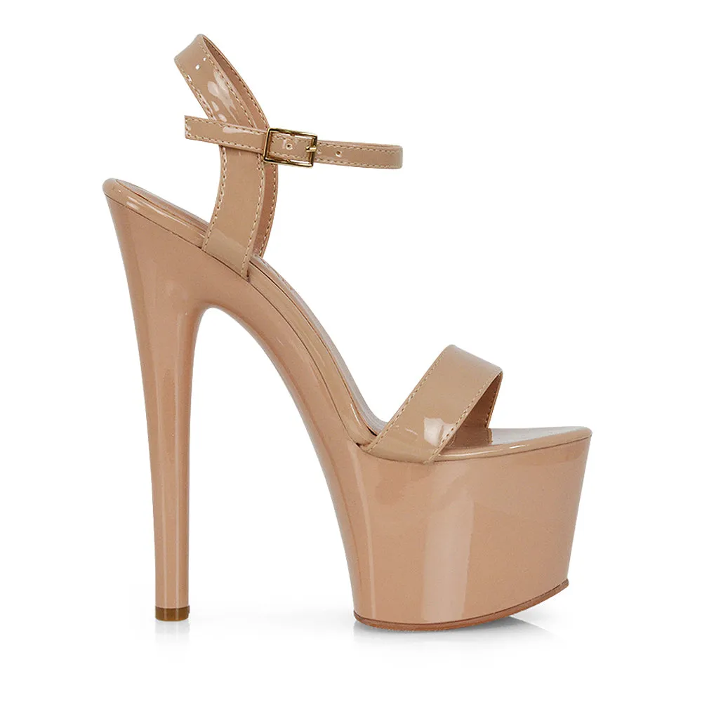 Matilda Statement Strappy Sky High Stiletto Platform Heels in Black Patent