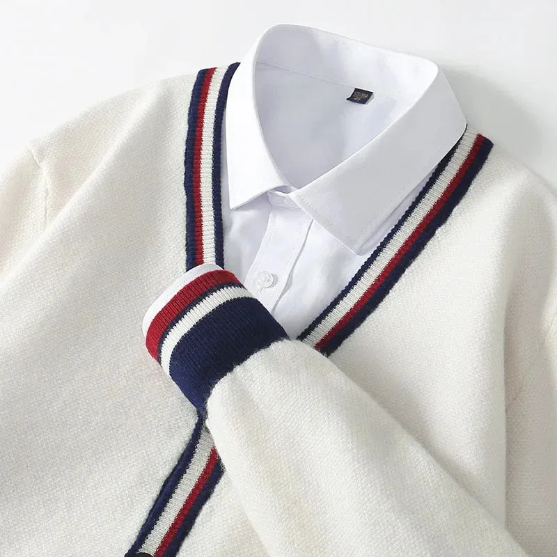 Mens Cardigan  Knit Wool Blend  Relaxed Fit  V-Neck  Button-Up  Tri-Colour Trim