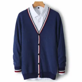 Mens Cardigan  Knit Wool Blend  Relaxed Fit  V-Neck  Button-Up  Tri-Colour Trim