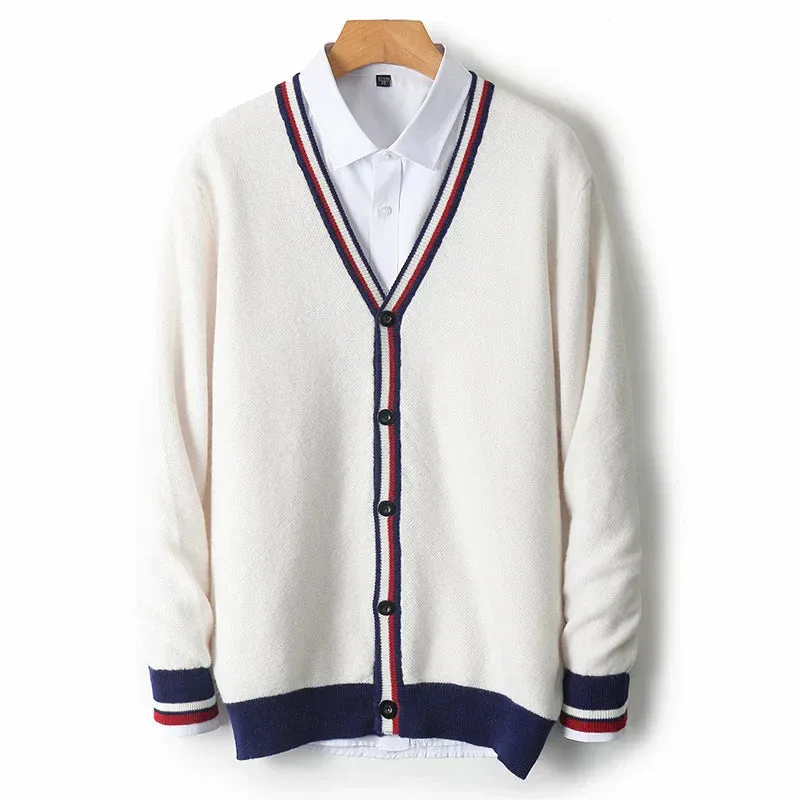 Mens Cardigan  Knit Wool Blend  Relaxed Fit  V-Neck  Button-Up  Tri-Colour Trim