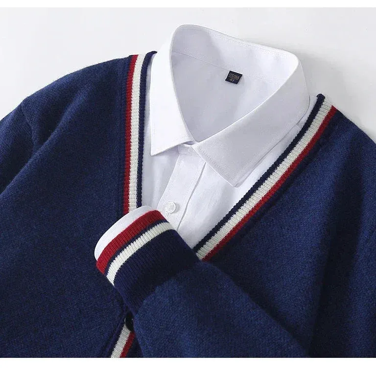 Mens Cardigan  Knit Wool Blend  Relaxed Fit  V-Neck  Button-Up  Tri-Colour Trim