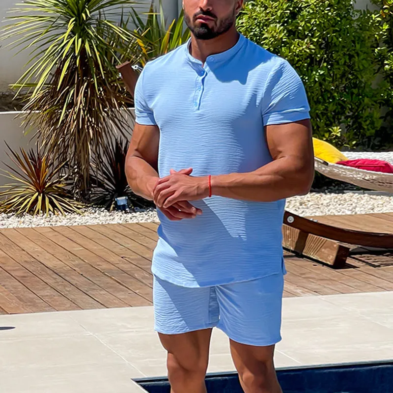 Mens Henley Shirt  Cotton Linen Blend  Regular Fit  Short Sleeve Casual Top