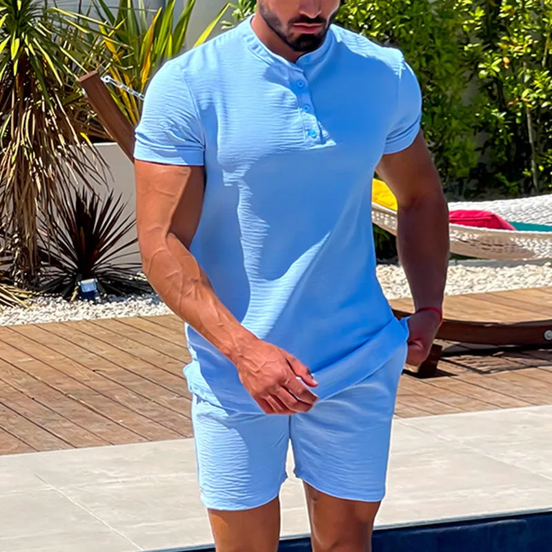 Mens Henley Shirt  Cotton Linen Blend  Regular Fit  Short Sleeve Casual Top