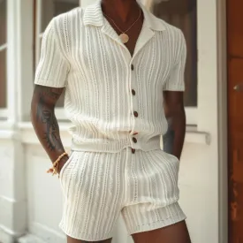 Mens Knit Shirt and Shorts Set  Slim Fit  Button-Up  Polo Collar  Elastic Waist