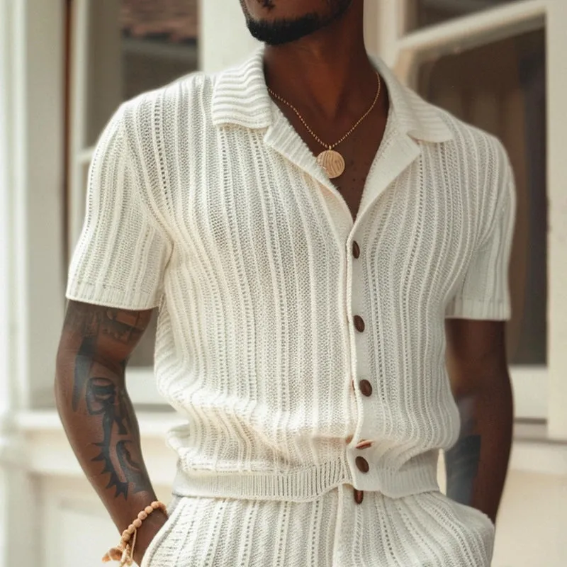 Mens Knit Shirt and Shorts Set  Slim Fit  Button-Up  Polo Collar  Elastic Waist