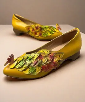 New Retro Ethnic Style Yellow Pointed Toe Cowhide Leather Shoes KJ055
