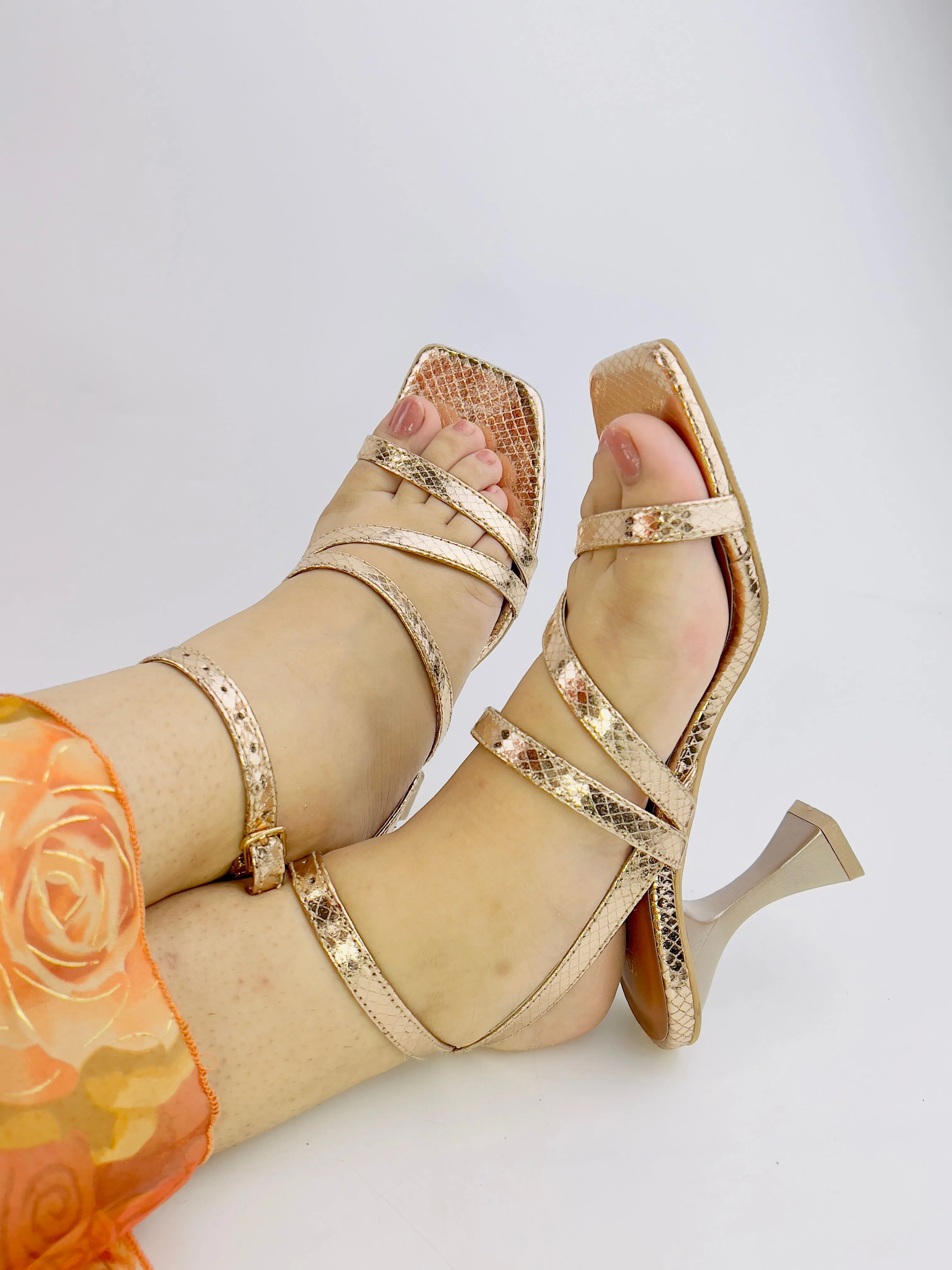 Orla Rose Gold Crisscross Ankle Strap Leather Heels
