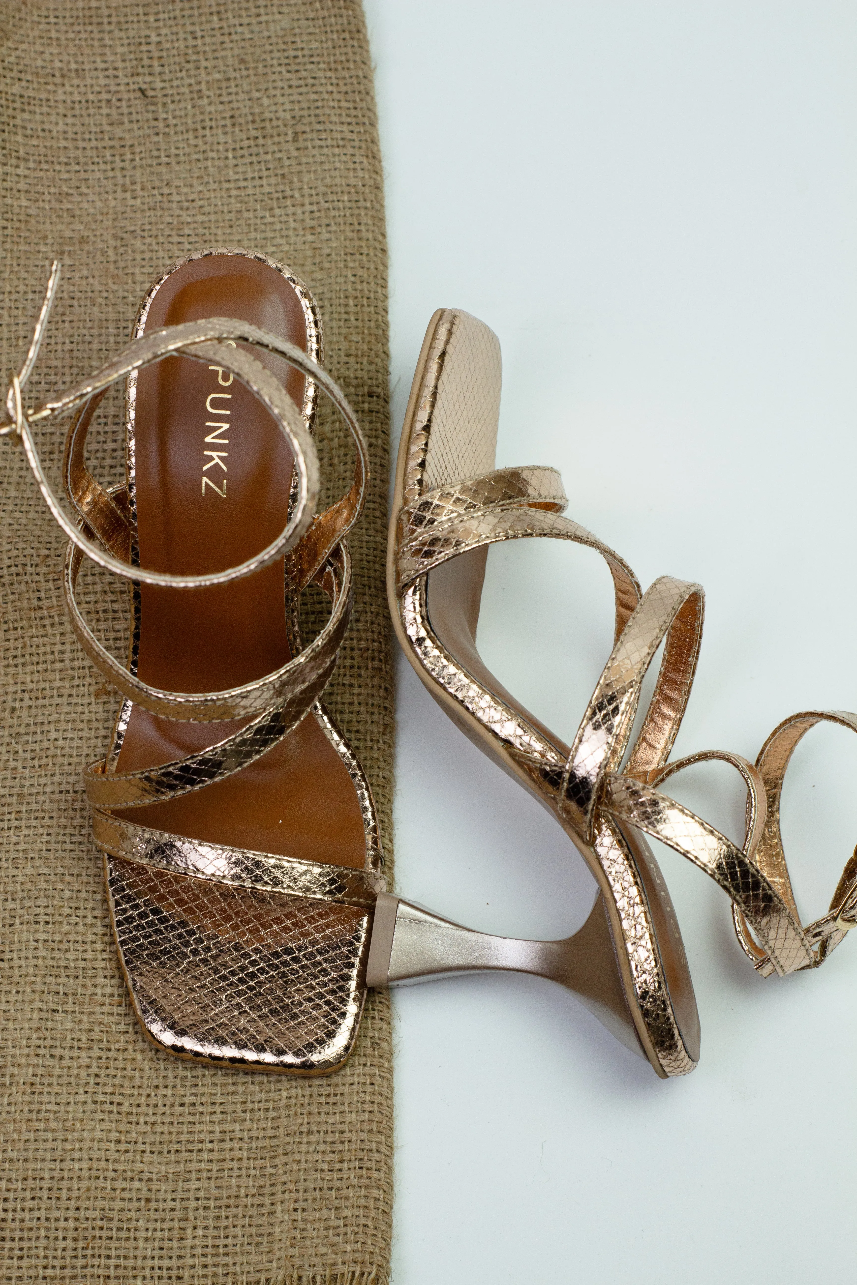 Orla Rose Gold Crisscross Ankle Strap Leather Heels