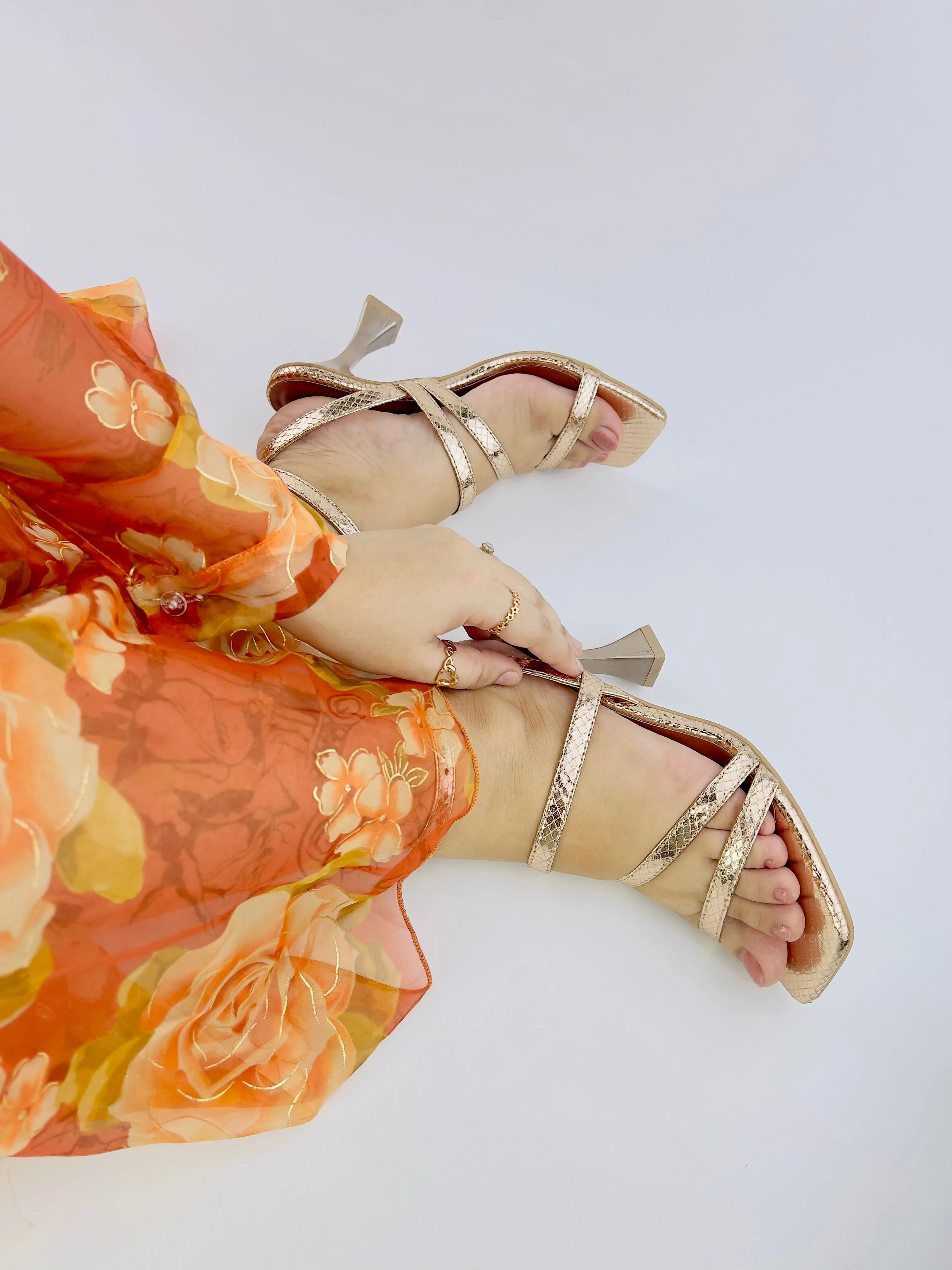 Orla Rose Gold Crisscross Ankle Strap Leather Heels