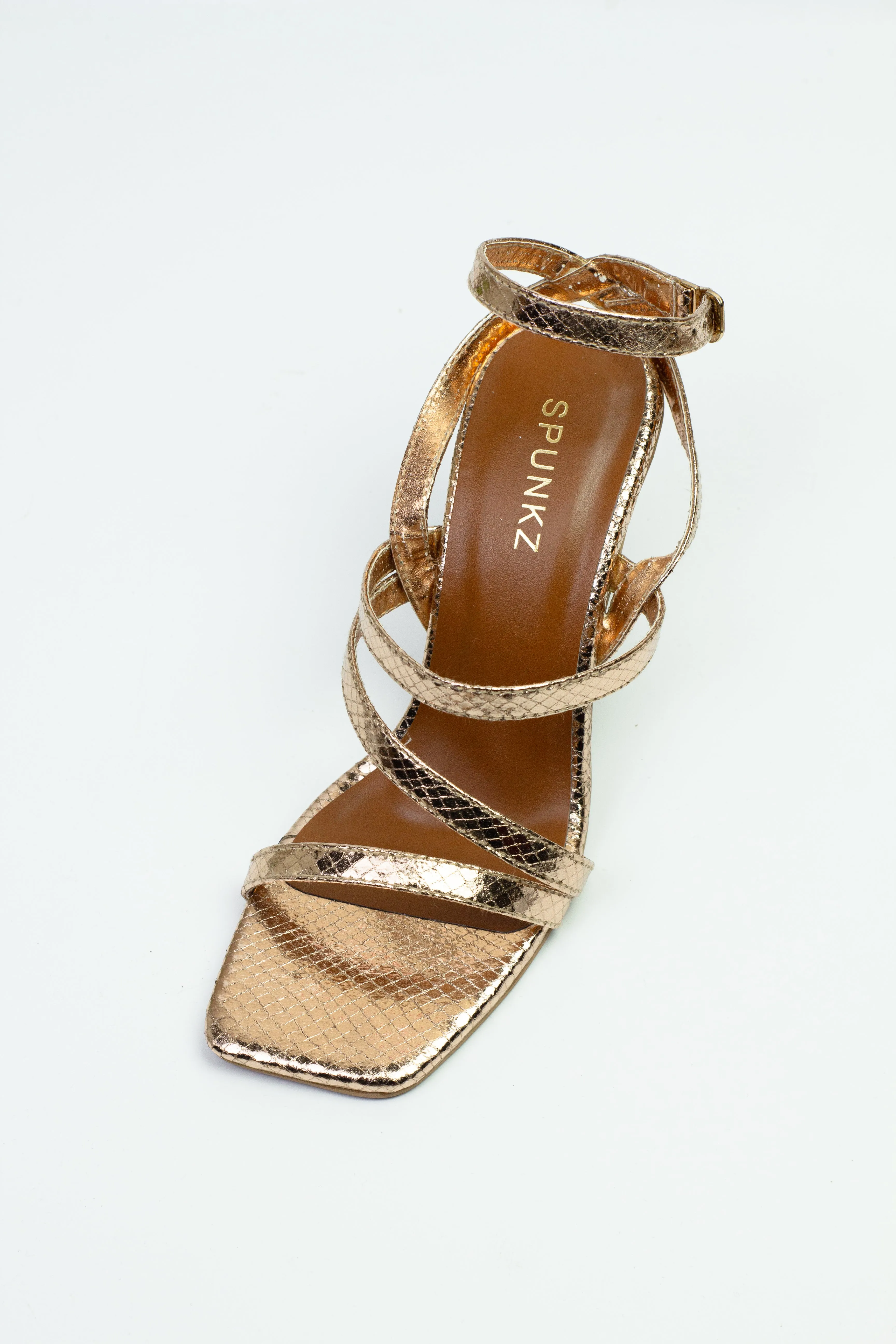 Orla Rose Gold Crisscross Ankle Strap Leather Heels