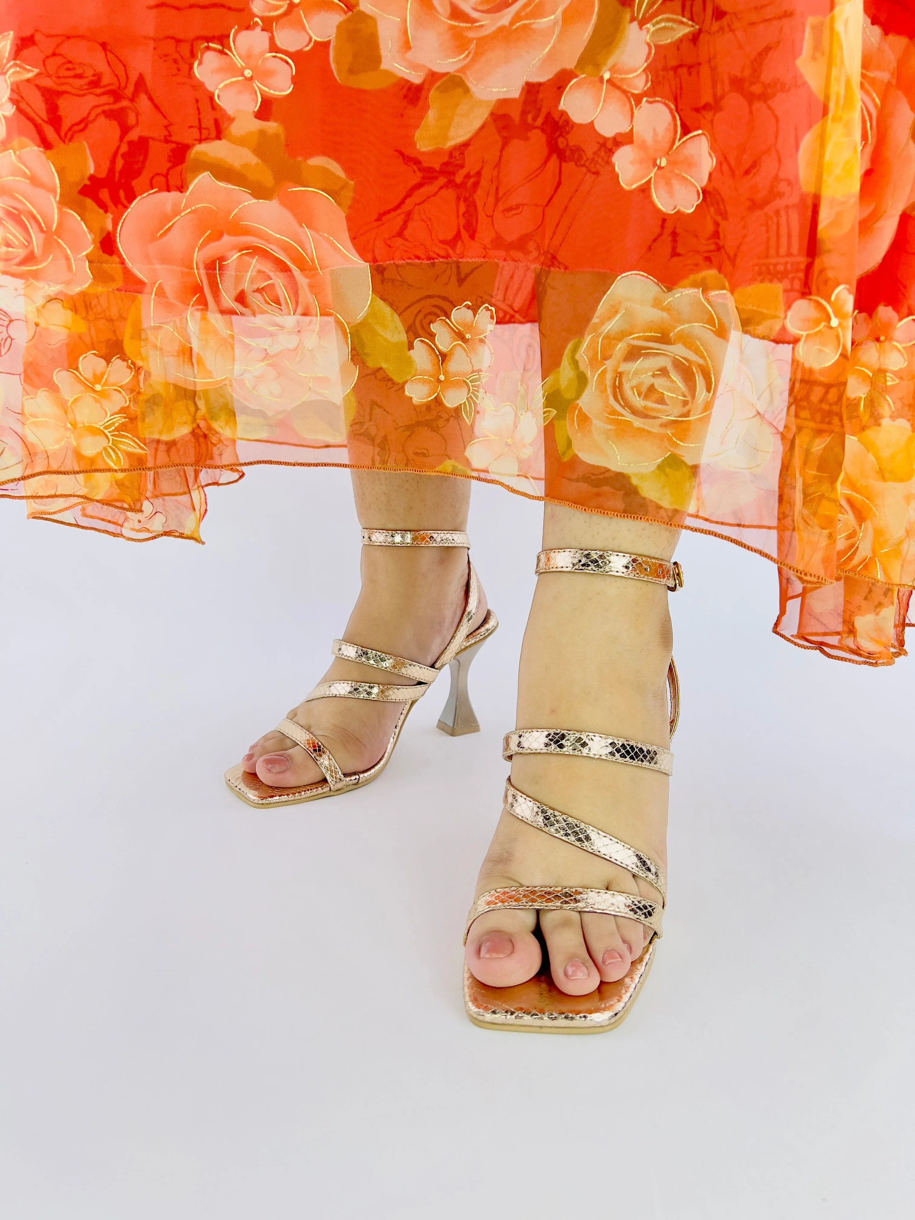 Orla Rose Gold Crisscross Ankle Strap Leather Heels