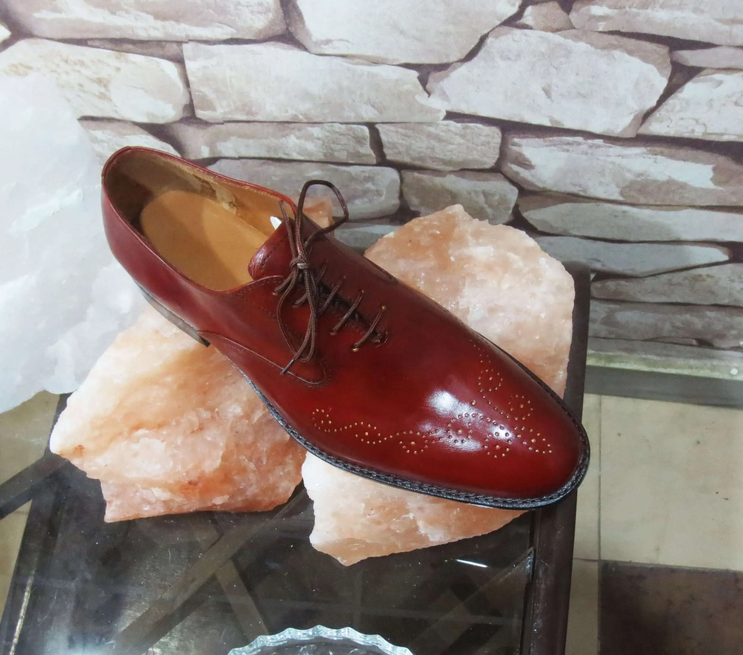 Stylish Men's Handmade Burgundy Color Brogue Leather Lace Up Dress Shoes