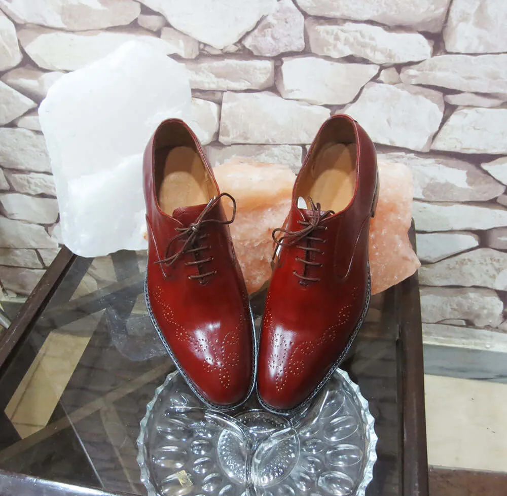 Stylish Men's Handmade Burgundy Color Brogue Leather Lace Up Dress Shoes