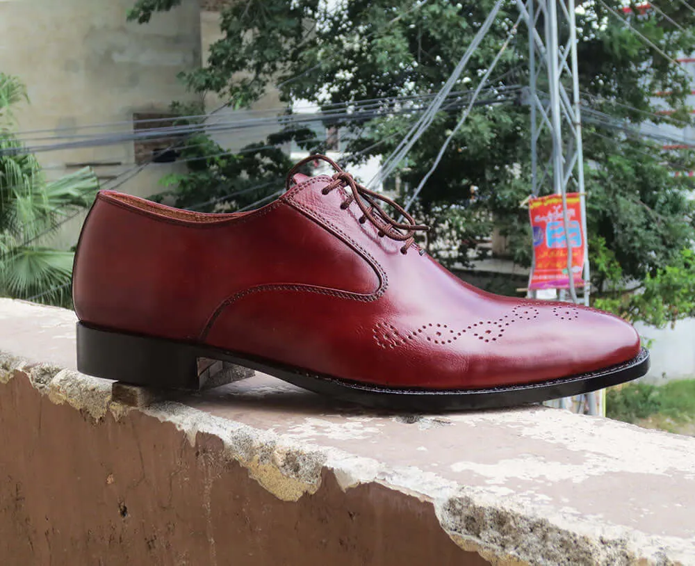 Stylish Men's Handmade Burgundy Color Brogue Leather Lace Up Dress Shoes