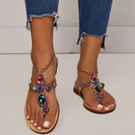 Women flat ankle strap chain  rhinestone sandals