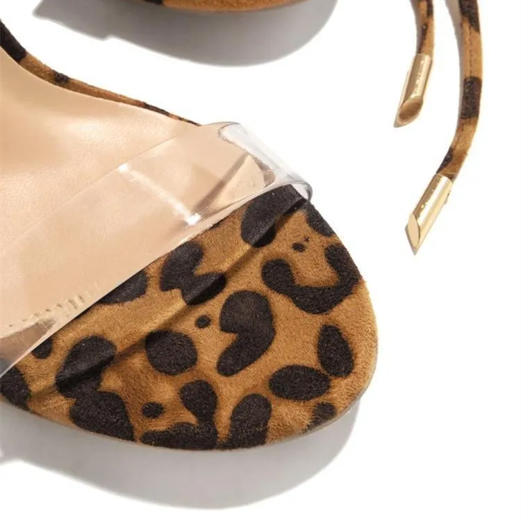 Women leopard criss cross strappy peep toe lace up chunky heels