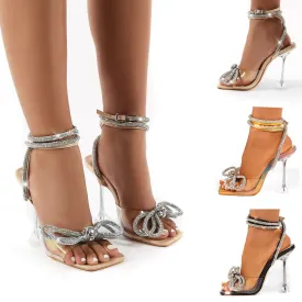 Women sparkly bow clear peep toe ankle strap stiletto sexy heels