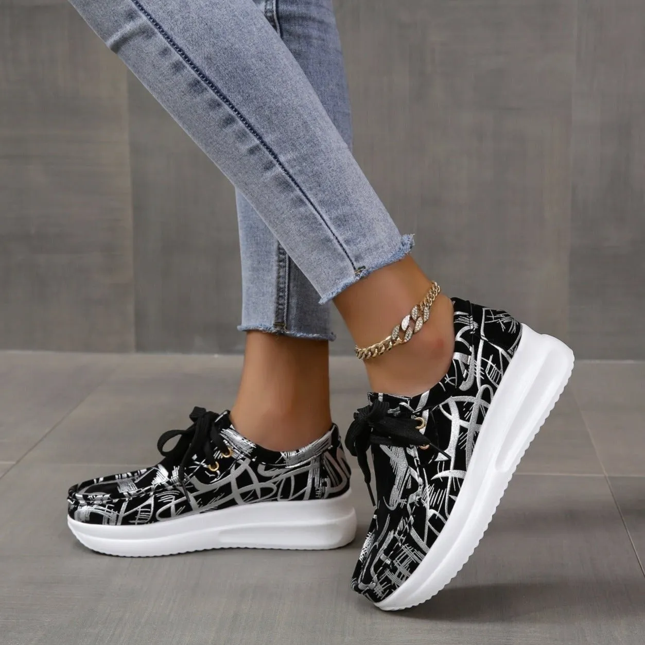 Women's printed chunky platform sneakers comfort lace-up sneakers