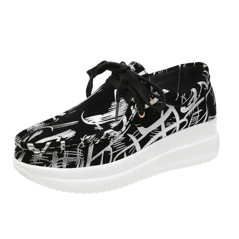 Women's printed chunky platform sneakers comfort lace-up sneakers