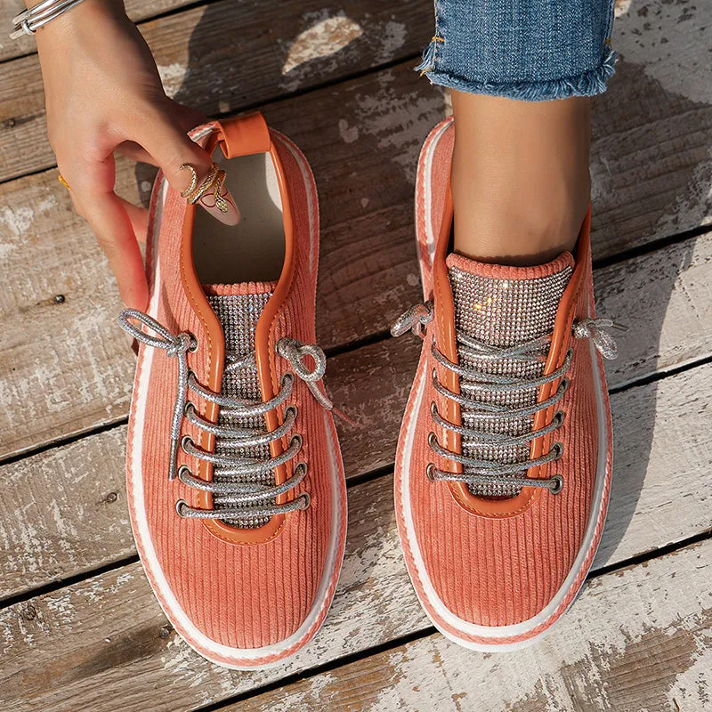 Women's rhinestone decor canvas platform sneakers lace-up