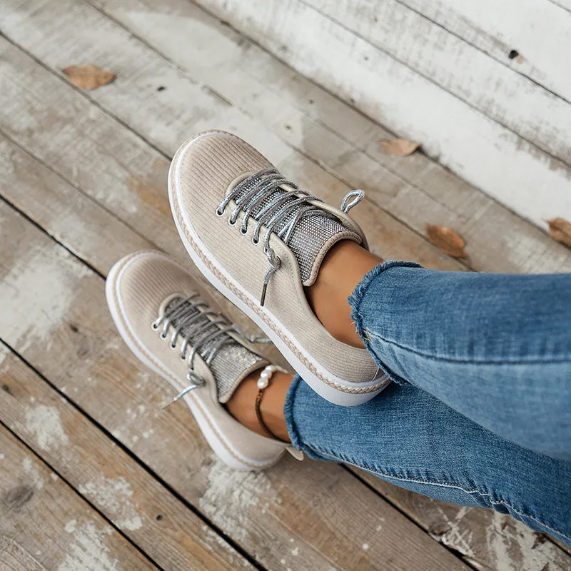 Women's rhinestone decor canvas platform sneakers lace-up