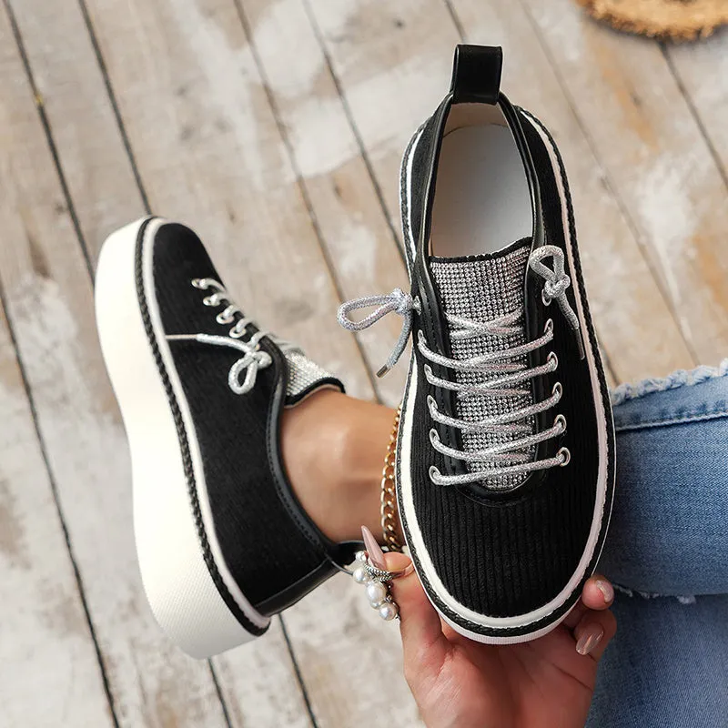 Women's rhinestone decor canvas platform sneakers lace-up