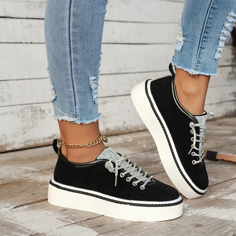Women's rhinestone decor canvas platform sneakers lace-up