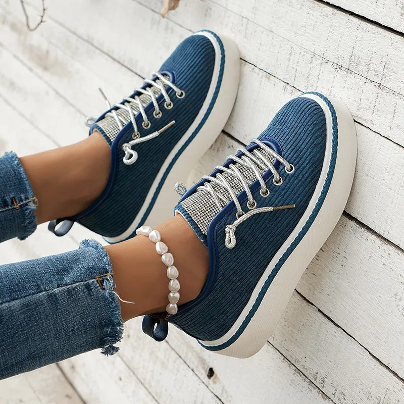 Women's rhinestone decor canvas platform sneakers lace-up