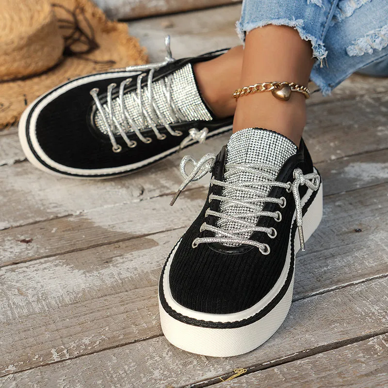 Women's rhinestone decor canvas platform sneakers lace-up