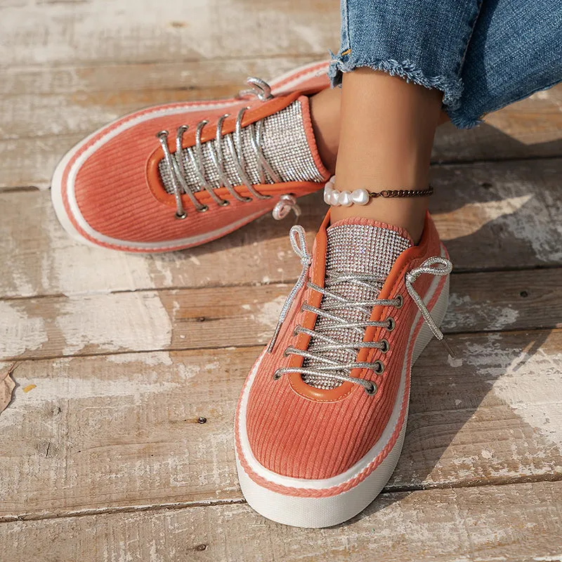 Women's rhinestone decor canvas platform sneakers lace-up