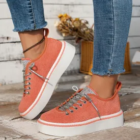 Women's rhinestone decor canvas platform sneakers lace-up