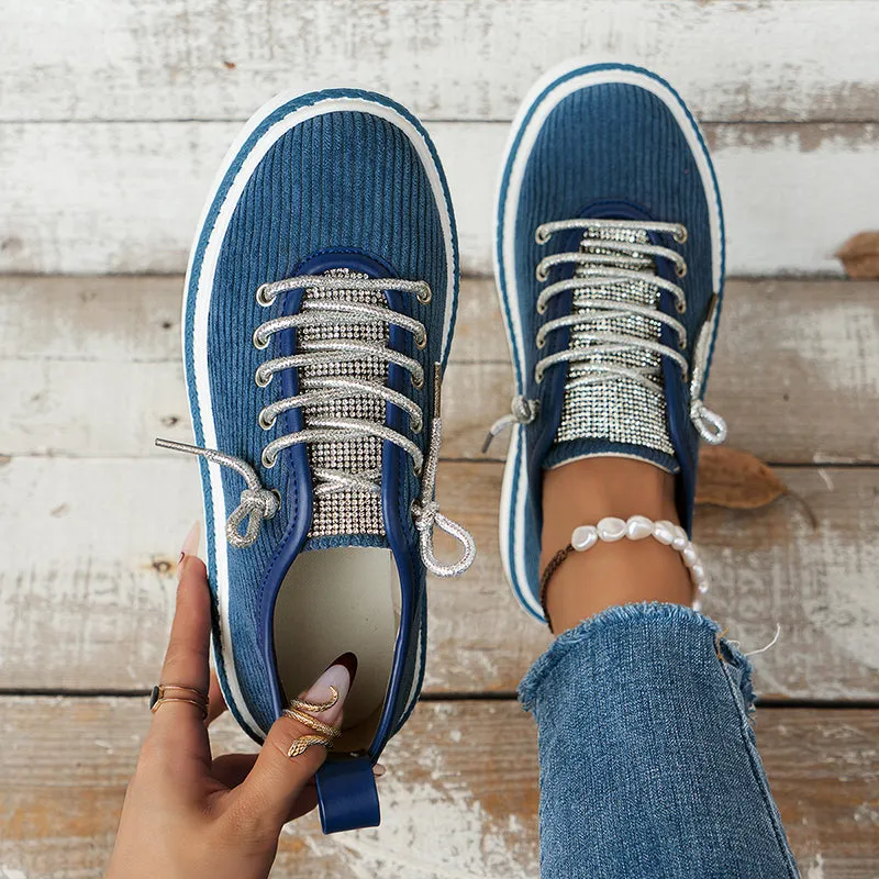Women's rhinestone decor canvas platform sneakers lace-up