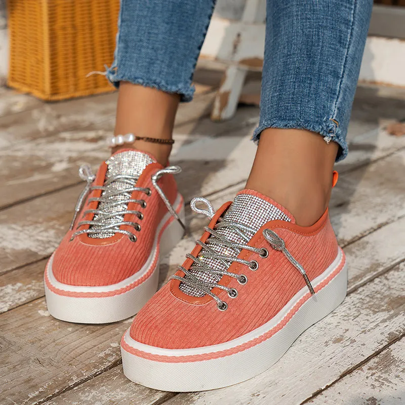 Women's rhinestone decor canvas platform sneakers lace-up