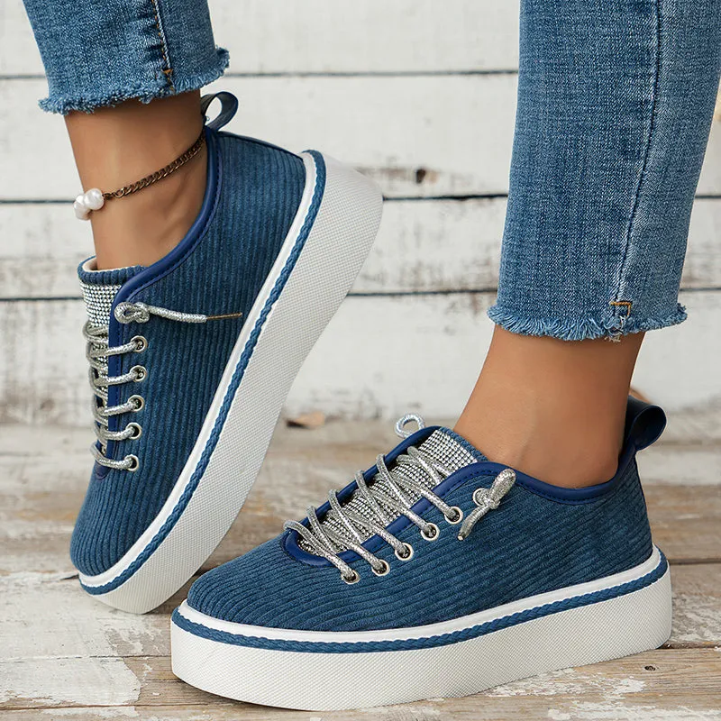 Women's rhinestone decor canvas platform sneakers lace-up