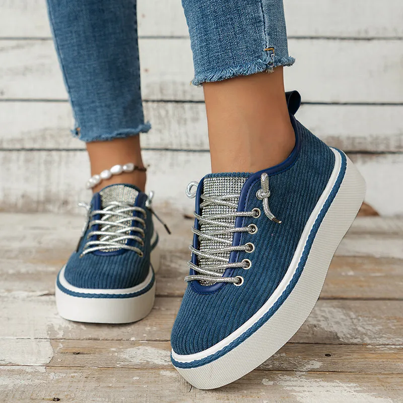 Women's rhinestone decor canvas platform sneakers lace-up