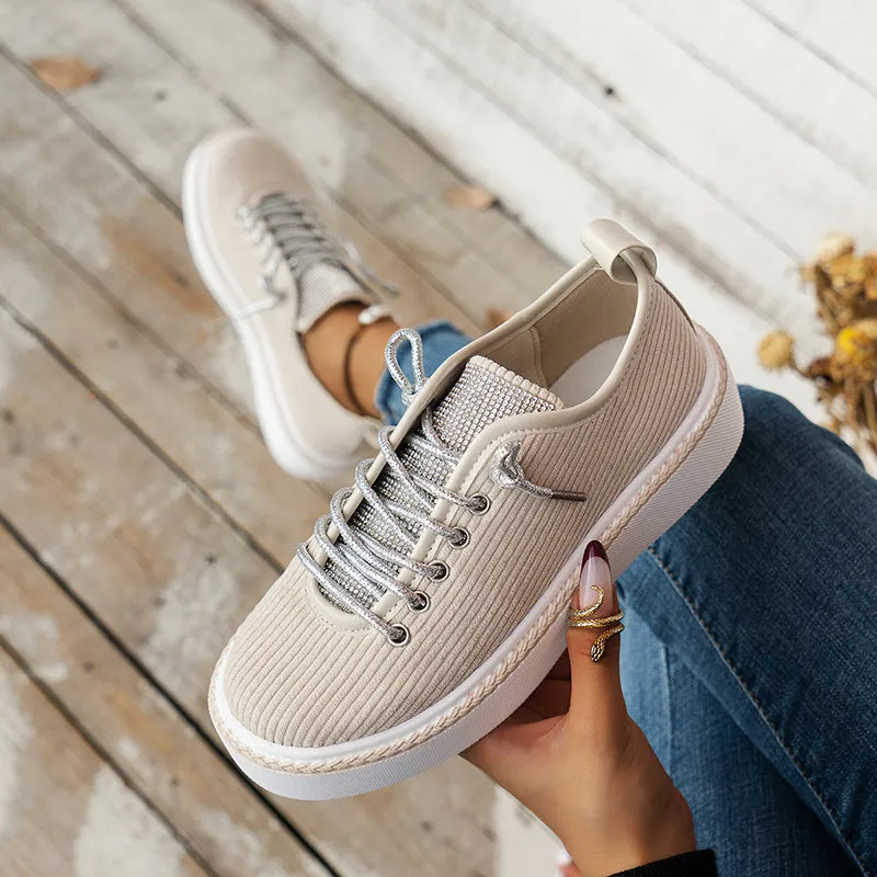 Women's rhinestone decor canvas platform sneakers lace-up