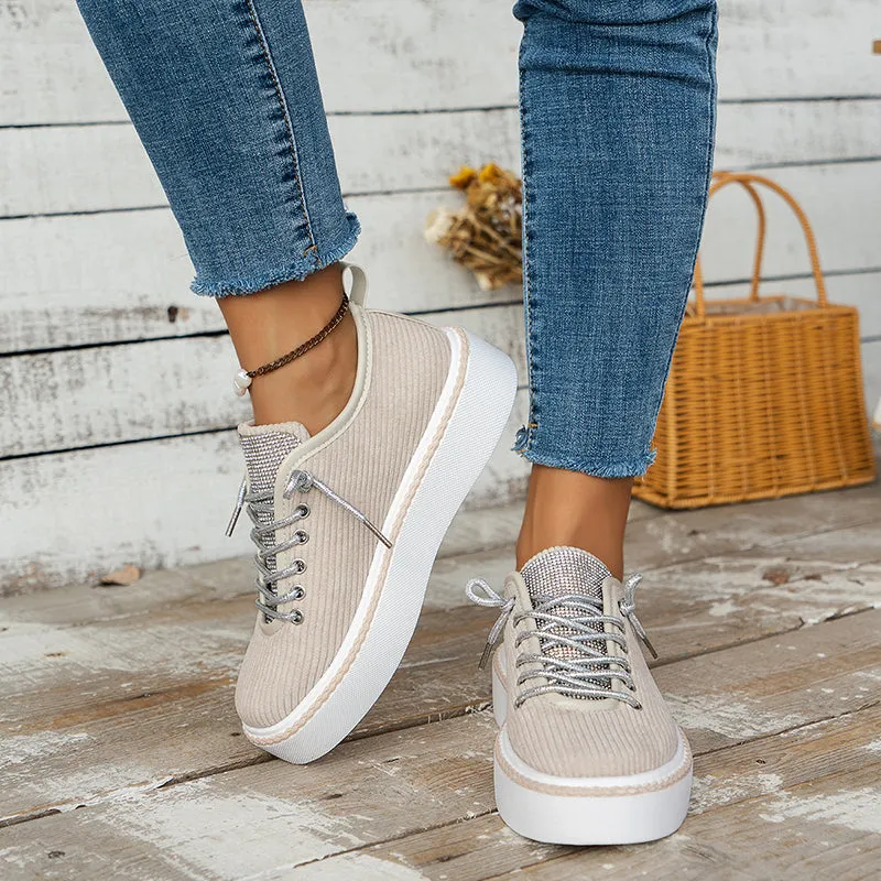 Women's rhinestone decor canvas platform sneakers lace-up