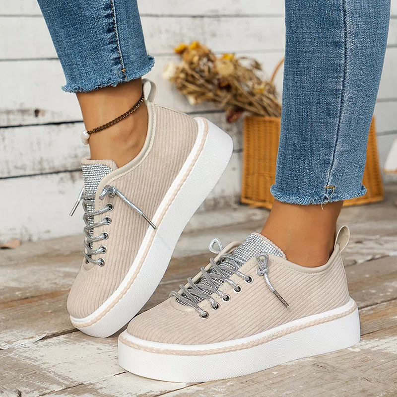 Women's rhinestone decor canvas platform sneakers lace-up