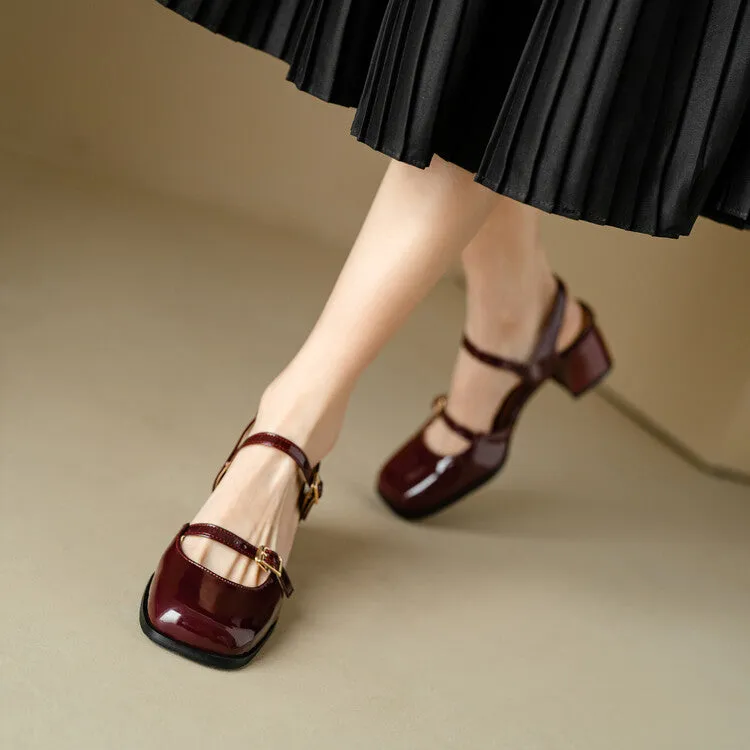 Women's Square Toe Buckle Straps Block Heel Sandals