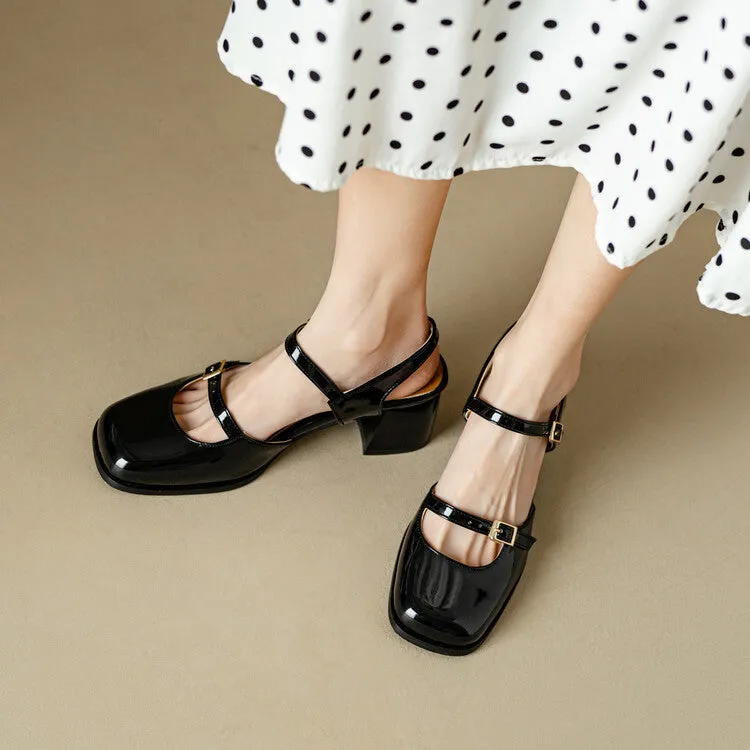 Women's Square Toe Buckle Straps Block Heel Sandals