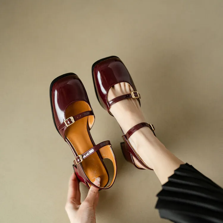 Women's Square Toe Buckle Straps Block Heel Sandals