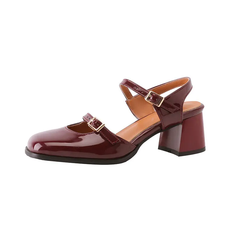 Women's Square Toe Buckle Straps Block Heel Sandals