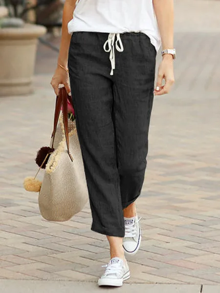 Womens Trousers  Linen  Relaxed Fit  Drawstring Waist  Full Length Casual Wear